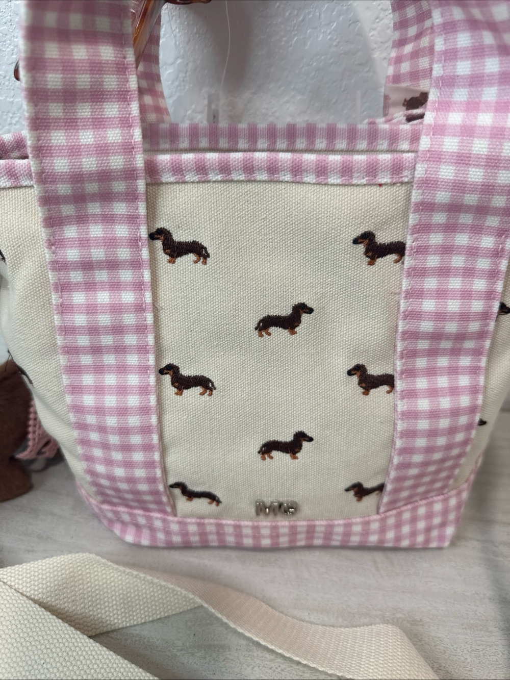 Madden Girl Dachshund Doxie Dog Pink Gingham Vidal Tote Bag CharmS NWT - Picture 8 of 14